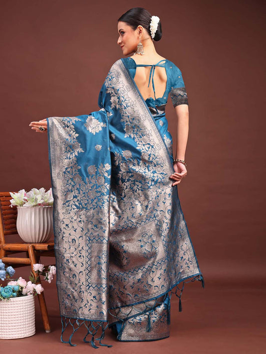 Banarasi Silk Teal Blue Brocade Saree With Blouse Piece