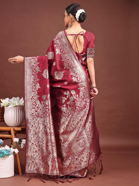 Banarasi Silk Maroon Brocade Saree With Blouse Piece