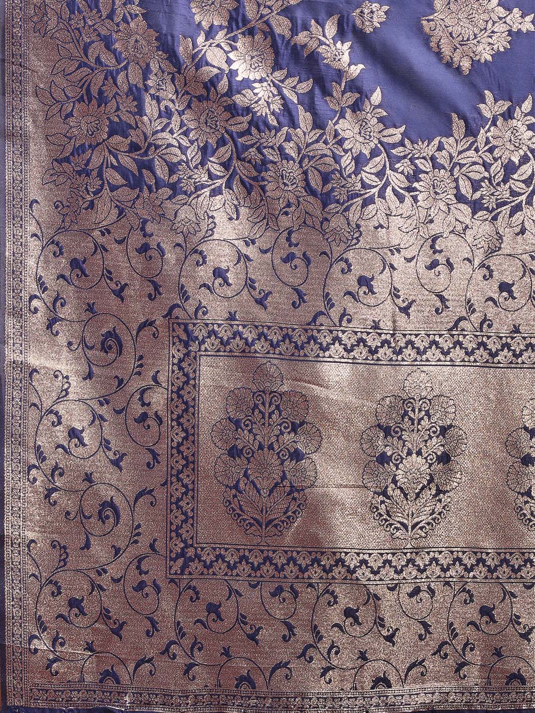 Banarasi Silk Navy Blue Brocade Saree With Blouse Piece