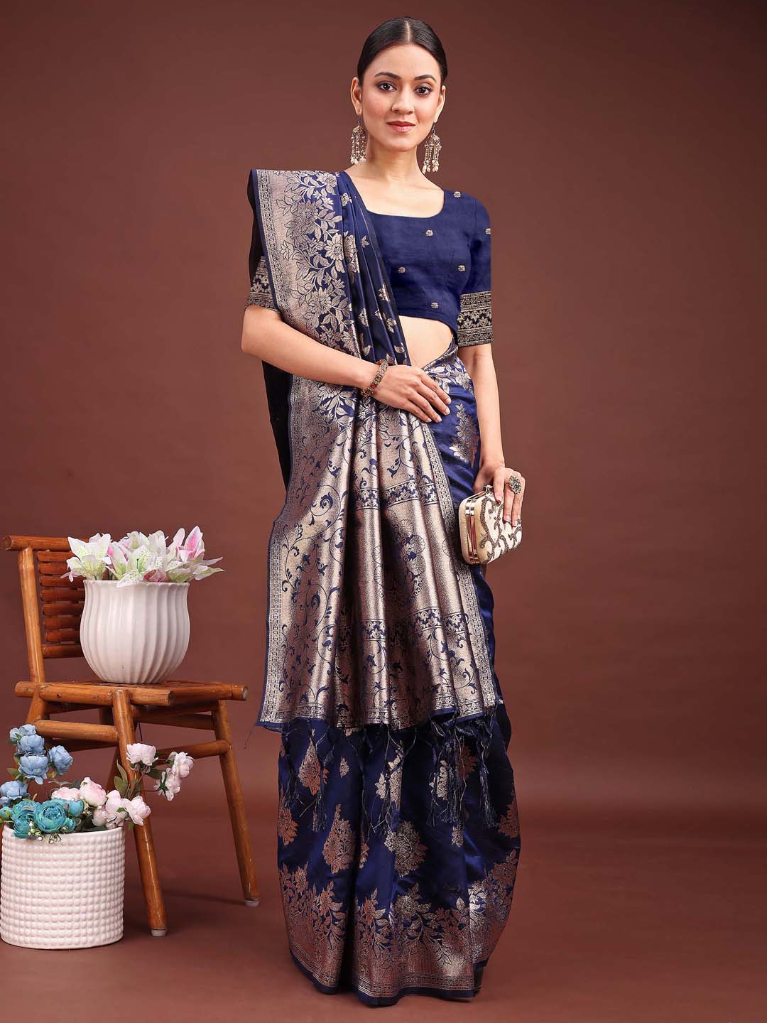 Banarasi Silk Navy Blue Brocade Saree With Blouse Piece