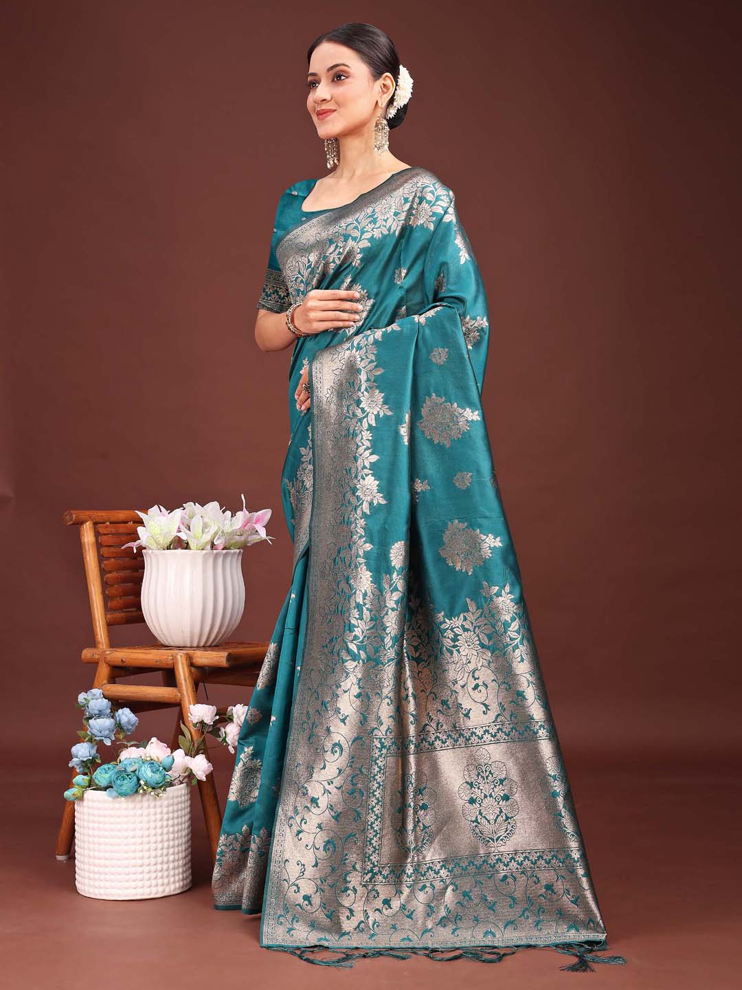 Banarasi Silk Sea Green Brocade Saree With Blouse Piece