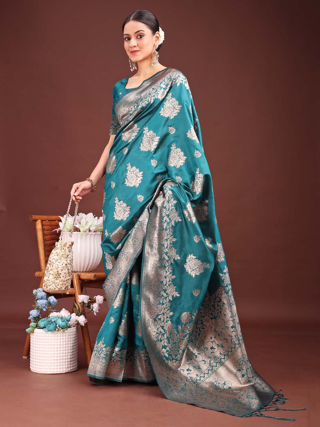 Banarasi Silk Sea Green Brocade Saree With Blouse Piece