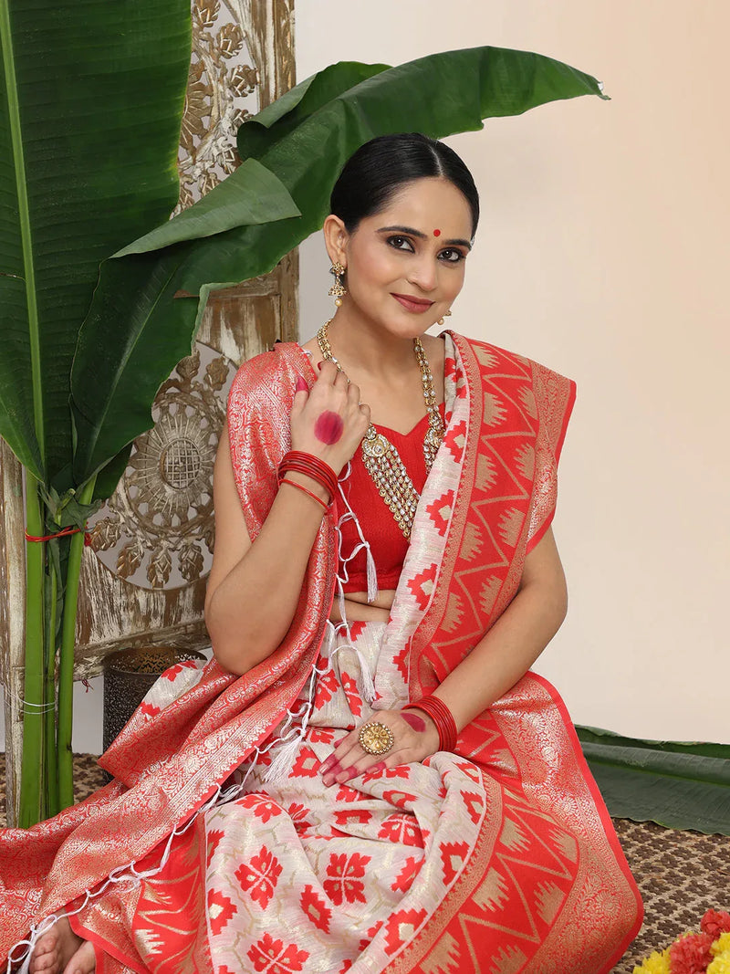 White Linen Cotton Saree With Blouse Piece - EZBER