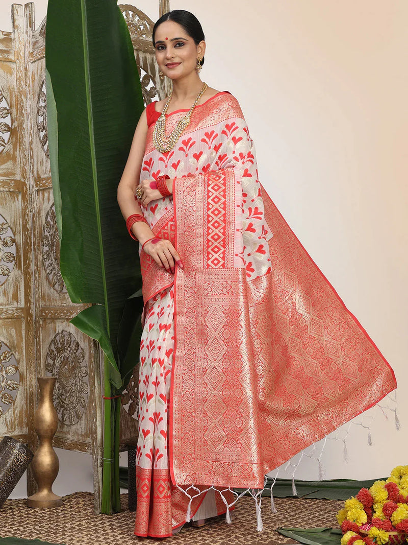 White Linen Cotton Saree With Blouse Piece - EZBER