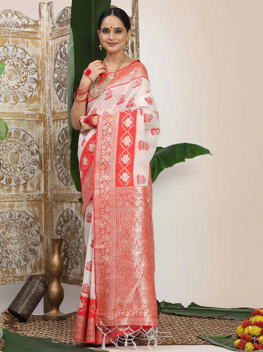 White Linen Cotton Saree With Blouse Piece - EZBER