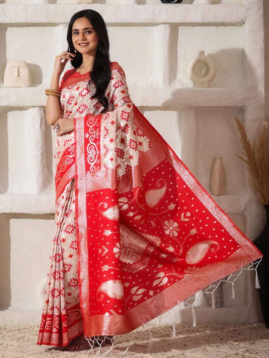 White Linen Cotton Saree With Blouse Piece - EZBER