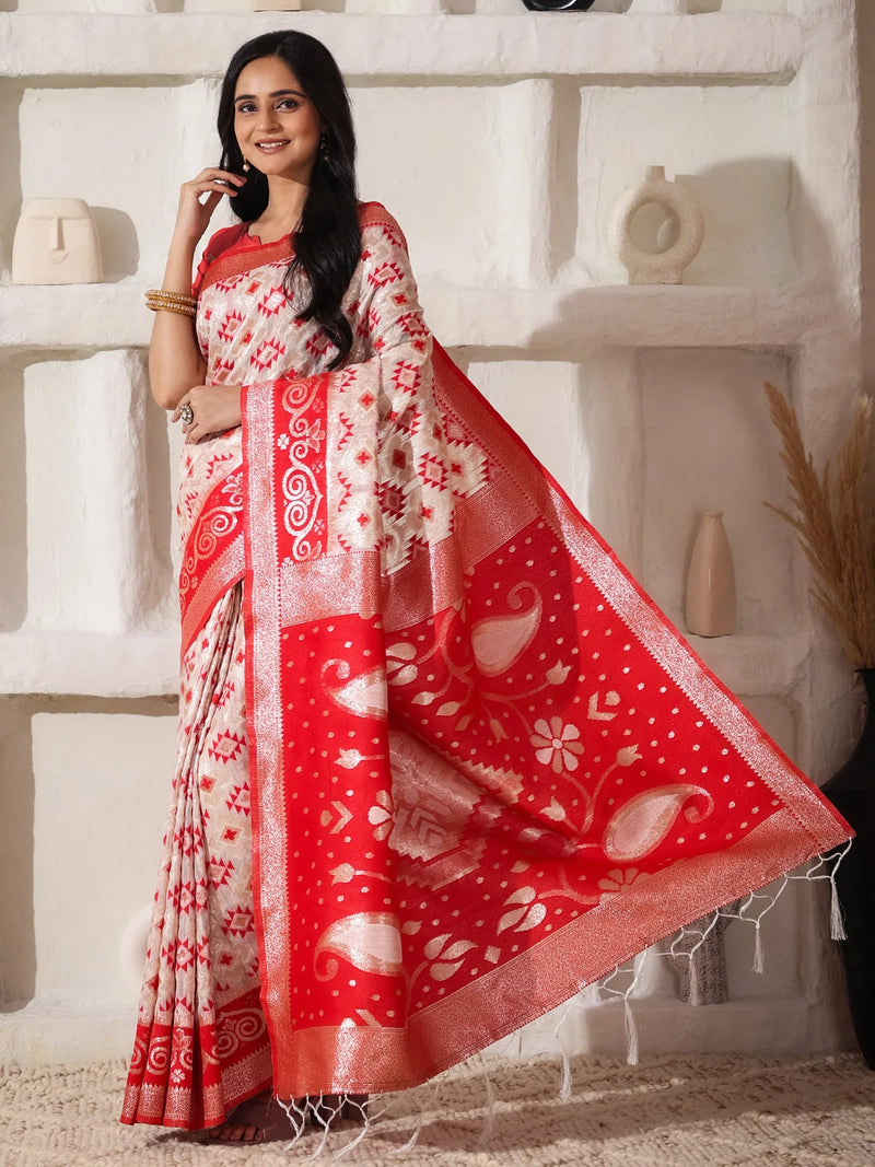 White Linen Cotton Saree With Blouse Piece - EZBER