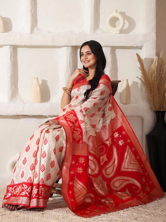 White Linen Cotton Saree With Blouse Piece - EZBER