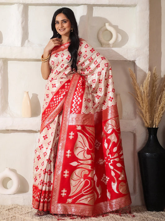 White Linen Cotton Saree With Blouse Piece - EZBER