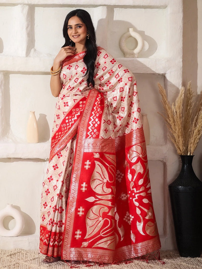 White Linen Cotton Saree With Blouse Piece - EZBER