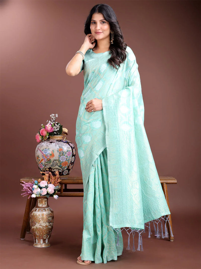 Sea Green Cotton Saree With Blouse Piece - EZBER