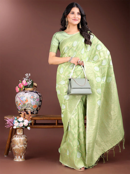 Light Green Cotton Saree With Blouse Piece - EZBER