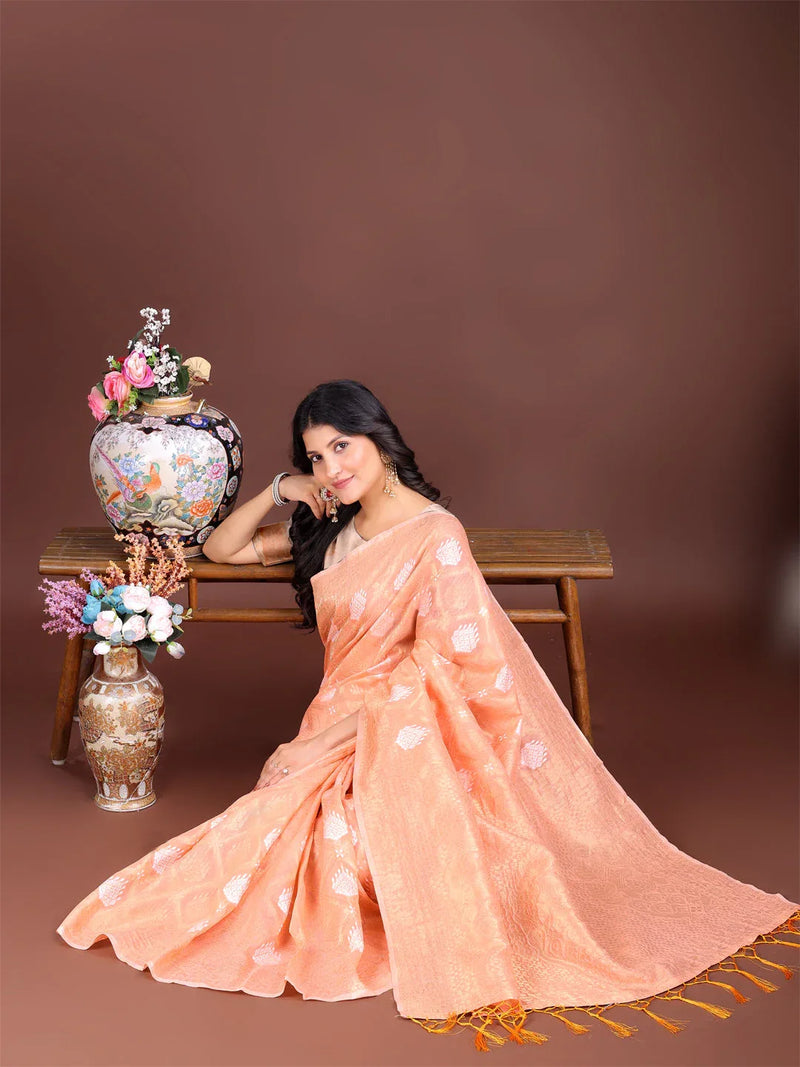 Orange Cotton Saree With Blouse Piece - EZBER
