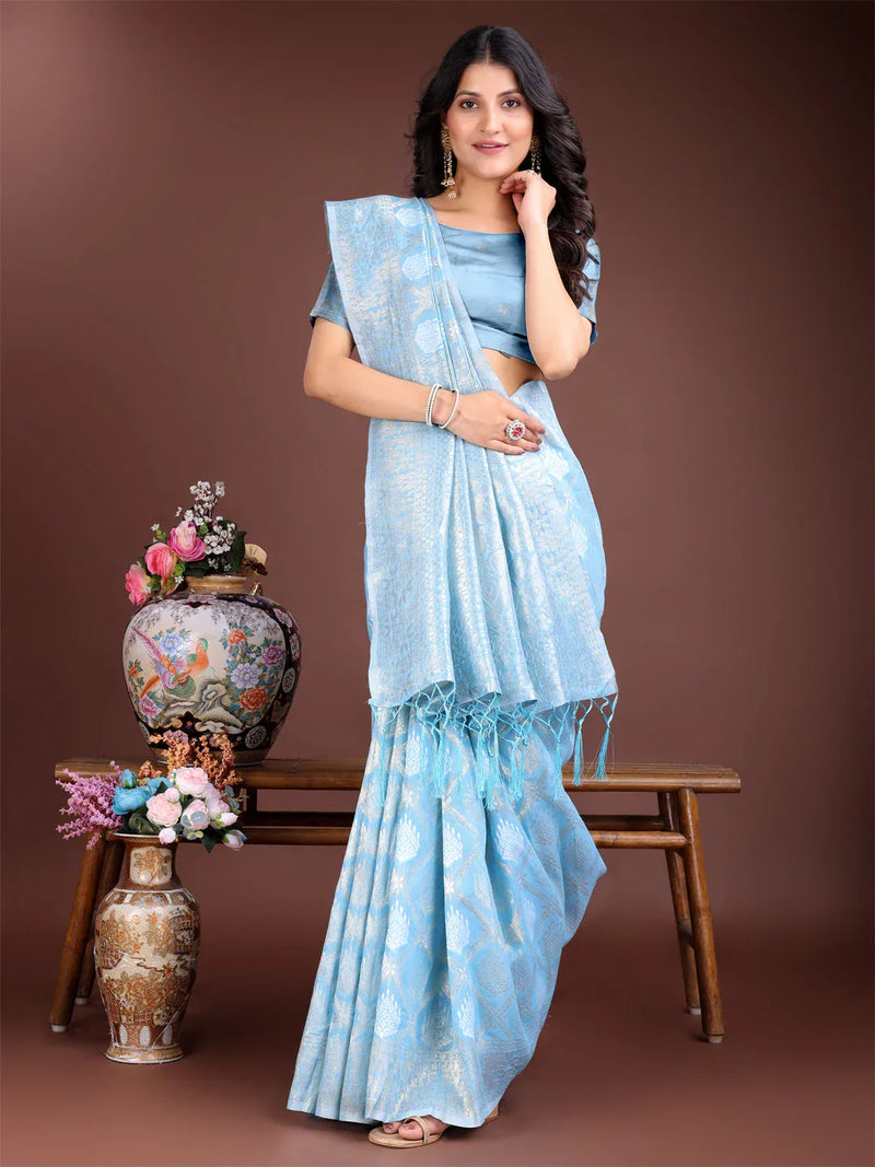 Sky Blue Cotton Saree With Blouse Piece - EZBER