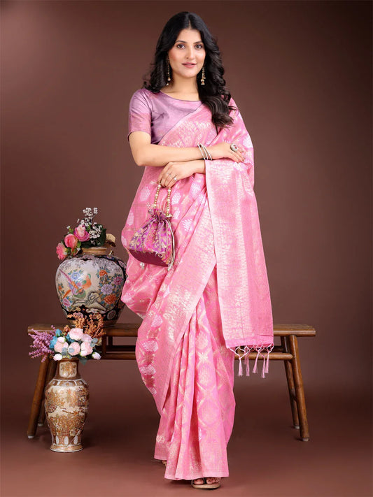 Pink Cotton Saree With Blouse Piece - EZBER
