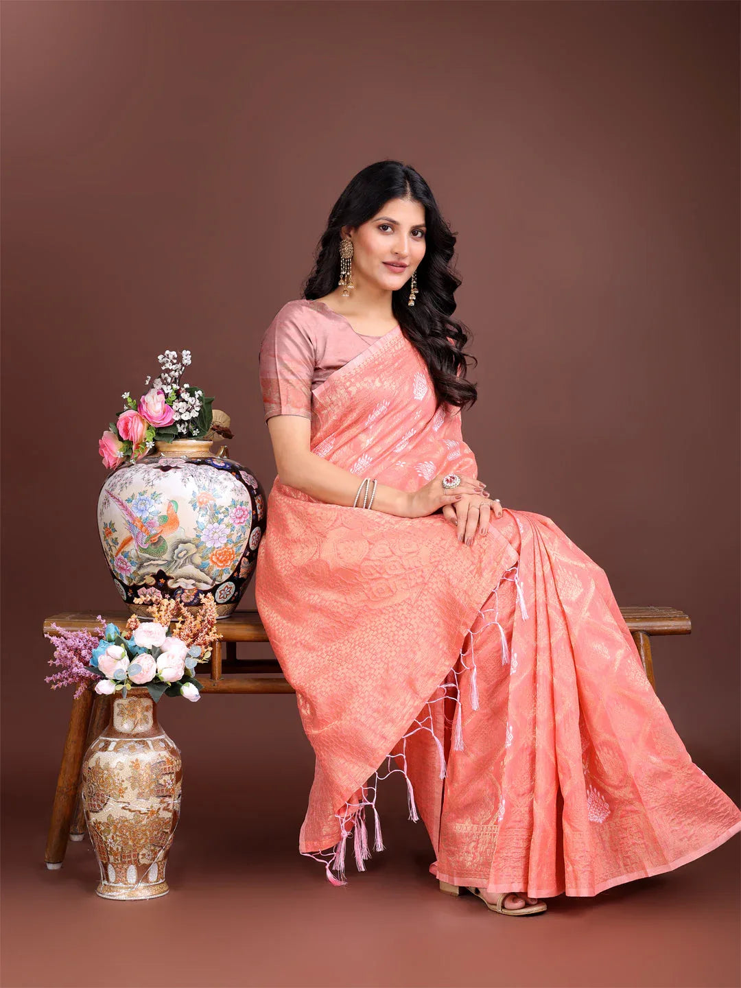 Peach Cotton Saree With Blouse Piece - EZBER