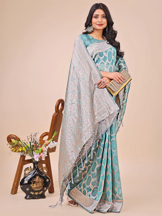 Teal Linen Cotton Saree With Blouse Piece - EZBER