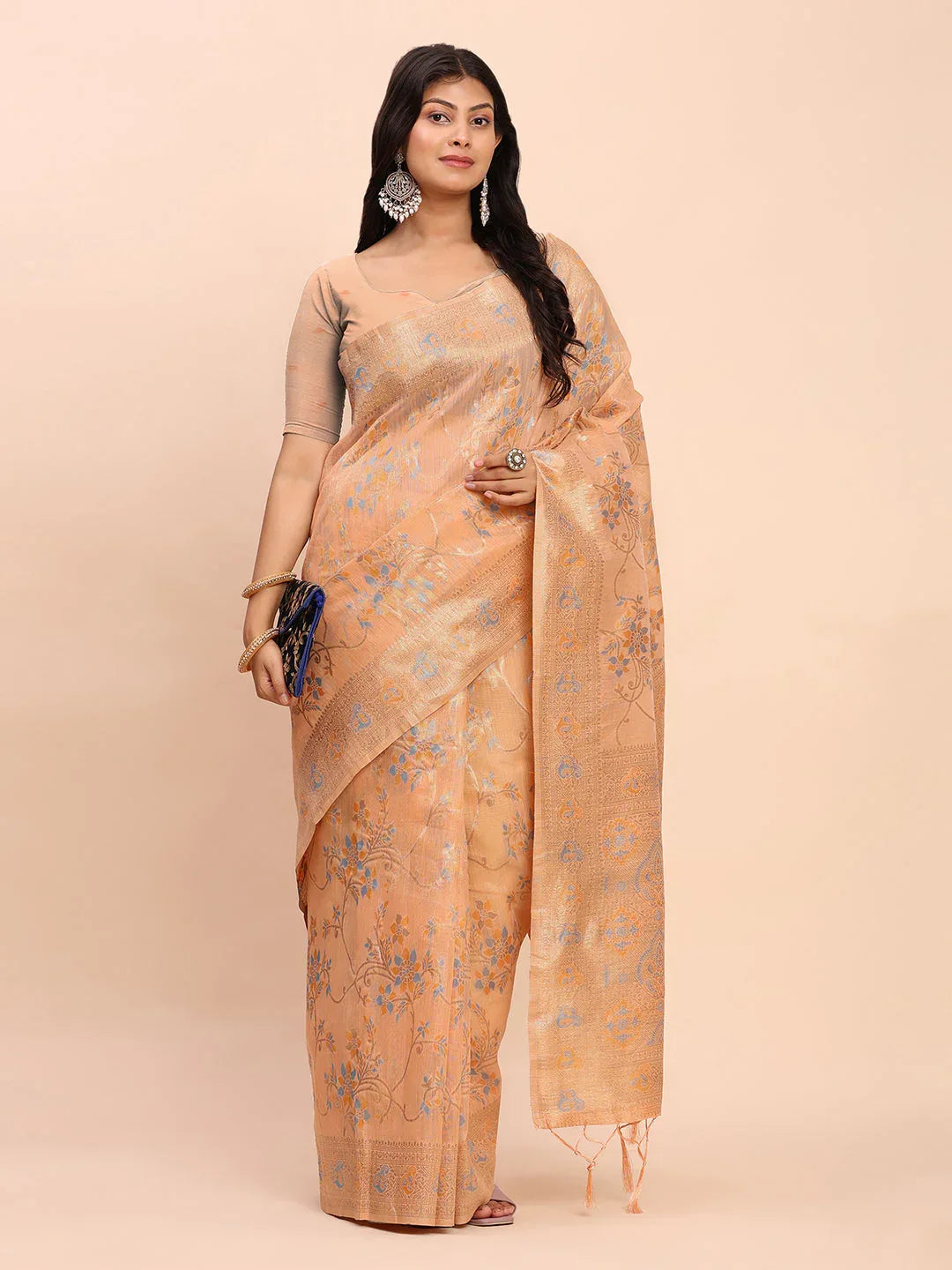 Orange Linen Cotton Saree With Blouse Piece - EZBER