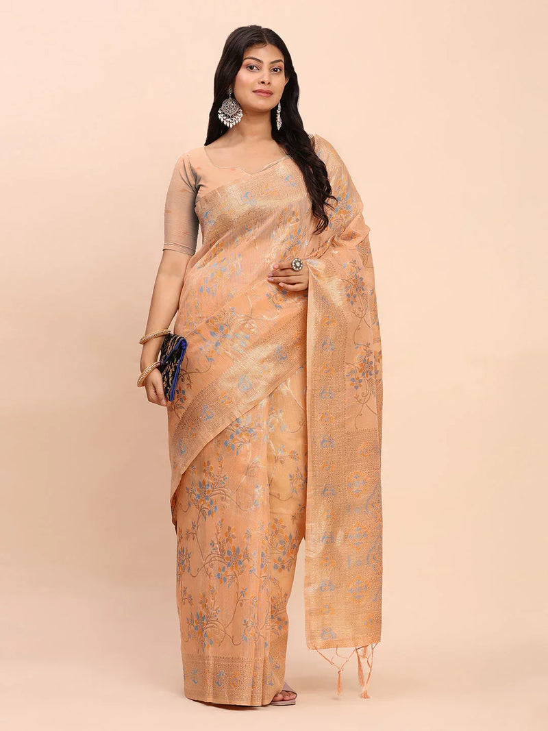 Orange Linen Cotton Saree With Blouse Piece - EZBER