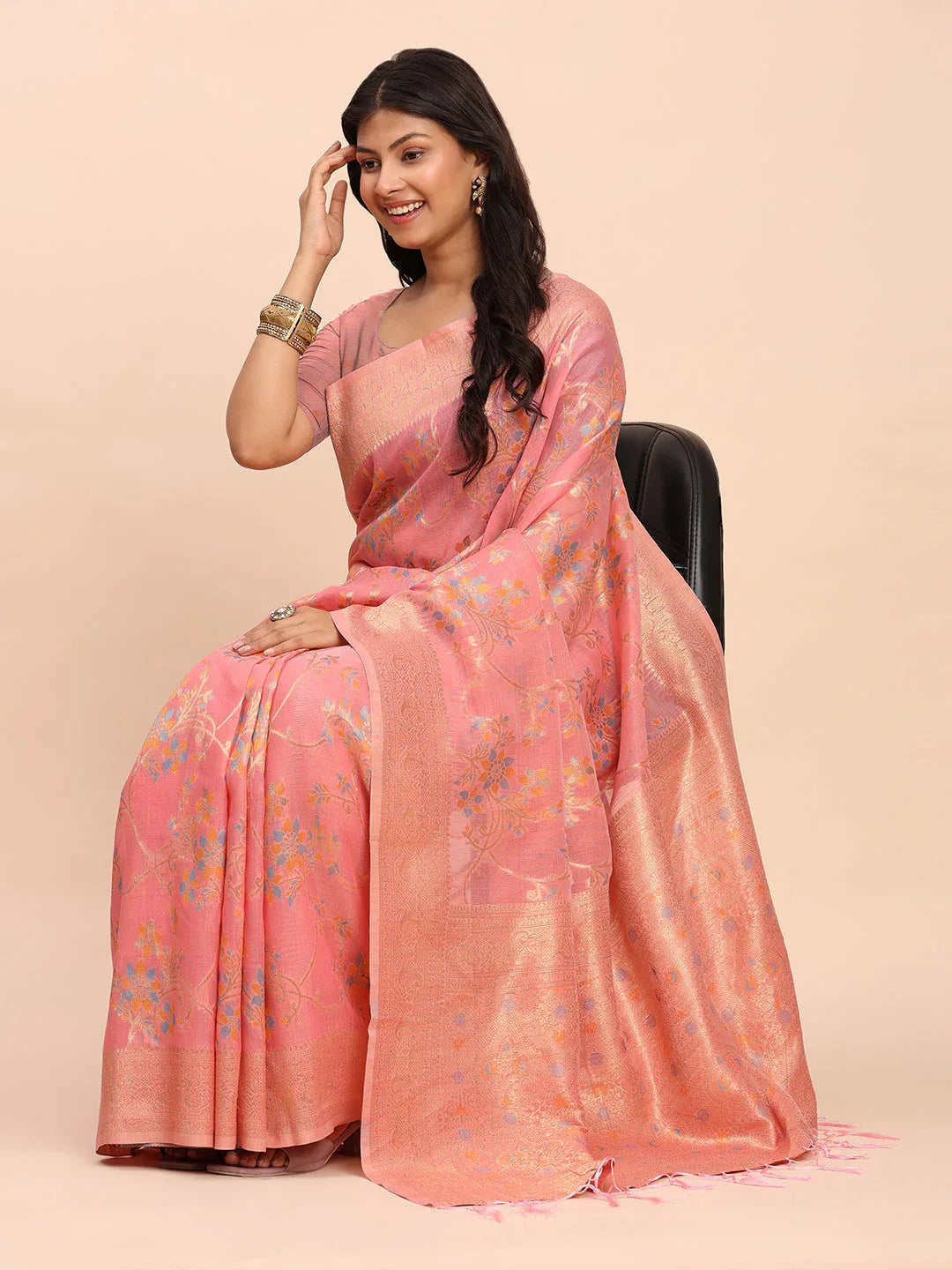 Peach Linen Cotton Saree With Blouse Piece - EZBER