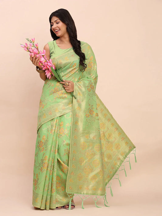 Green Linen Cotton Saree With Blouse Piece - EZBER