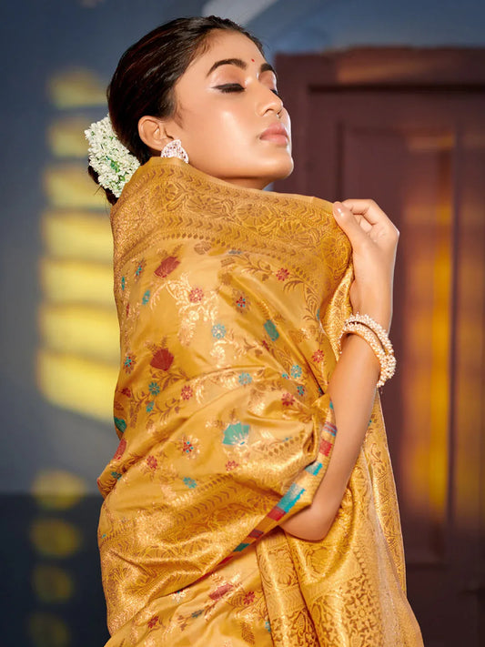 Yellow Banarasi silk Saree With Blouse Piece - EZBER