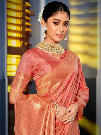 Peach Banarasi Silk Brocade Saree | EZB SI04 ASSWA1002