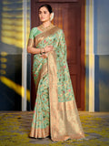 Sea Green Banarasi silk Saree With Blouse Piece - EZBER