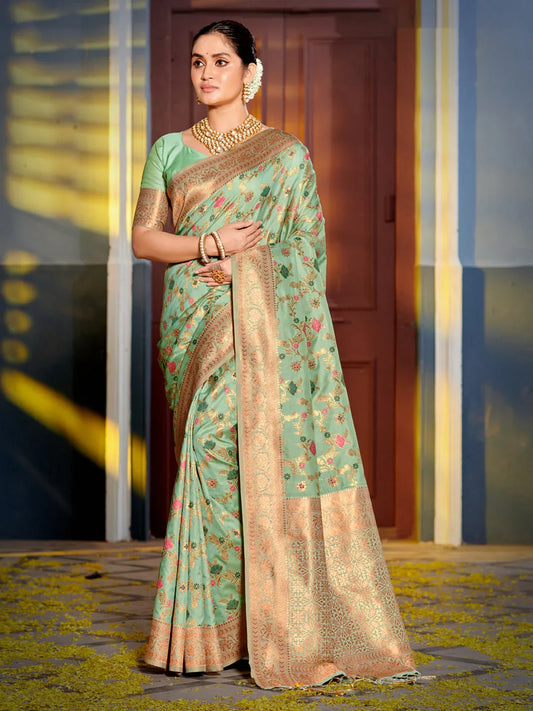 Sea Green Banarasi silk Saree With Blouse Piece - EZBER