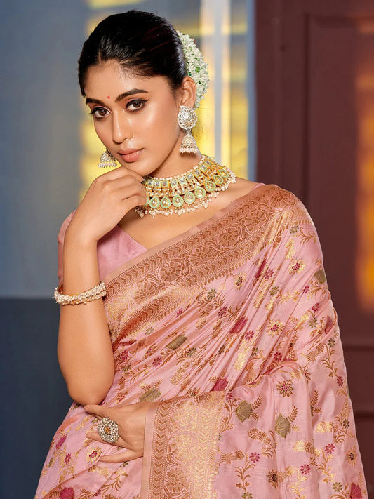 Pink Banarasi silk Saree With Blouse Piece - EZBER