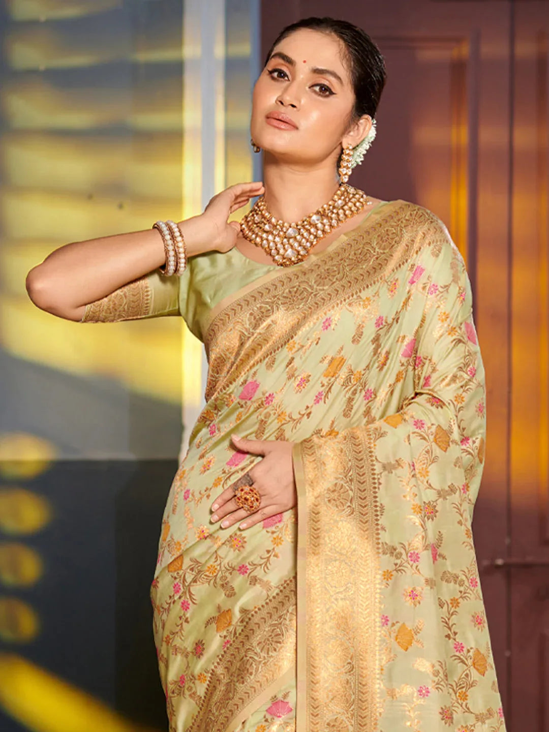 Light Green Banarasi silk Saree With Blouse Piece - EZBER