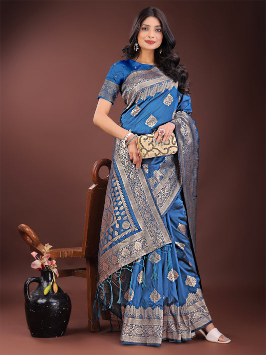 Silk Sky Blue Brocade Saree With Blouse Piece
