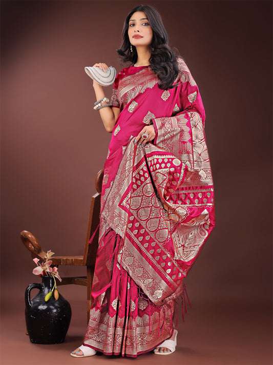 Silk Magenta Brocade Saree With Blouse Piece