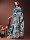 Silk Teal Brocade Saree With Blouse Piece