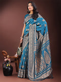 Silk Teal Brocade Saree With Blouse Piece