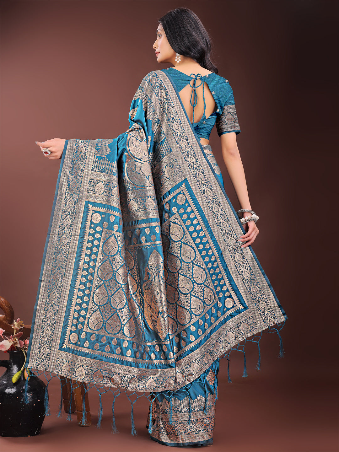 Silk Teal Brocade Saree With Blouse Piece