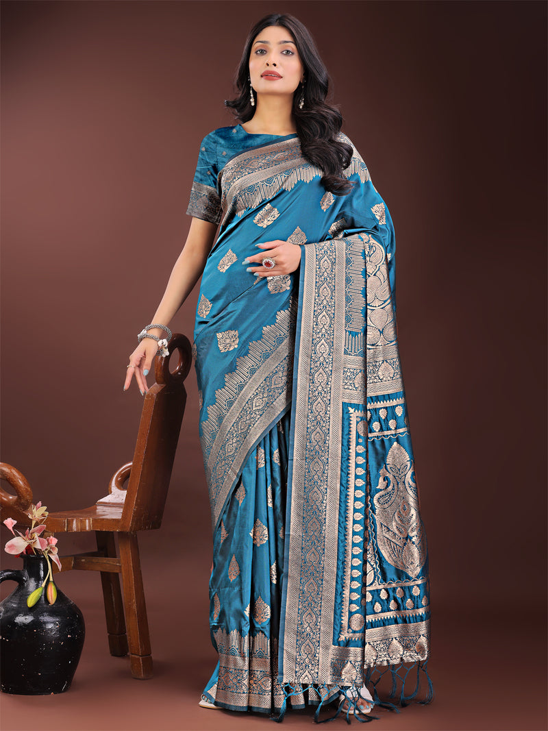 Silk Teal Brocade Saree With Blouse Piece