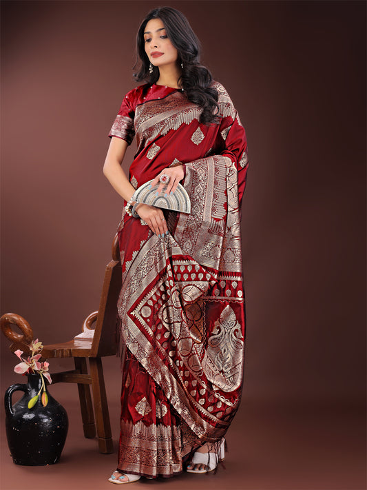 Silk Maroon Brocade Saree With Blouse Piece