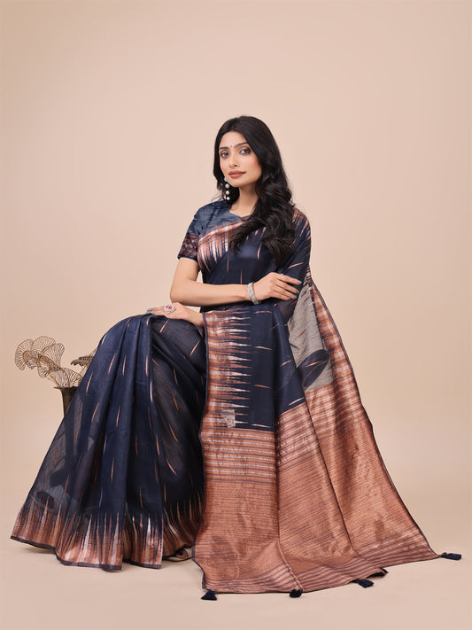 Linen Cotton Navy Blue Brocade Saree With Blouse Piece