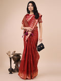 Linen Cotton Red Brocade Saree With Blouse Piece