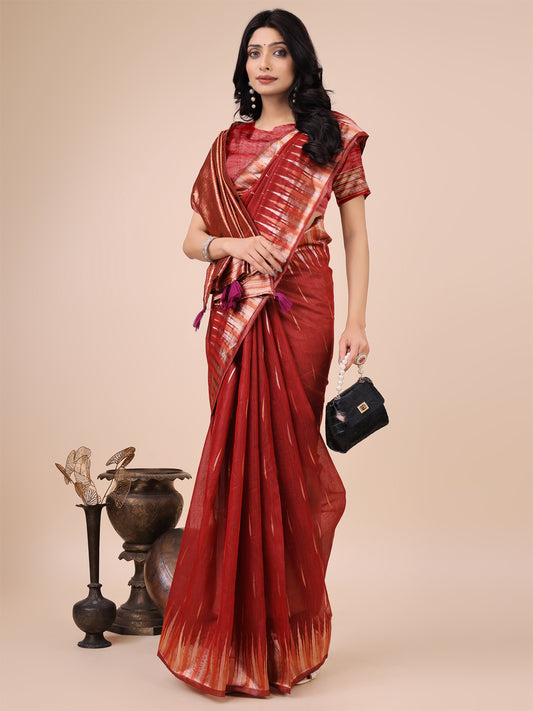 Linen Cotton Red Brocade Saree With Blouse Piece