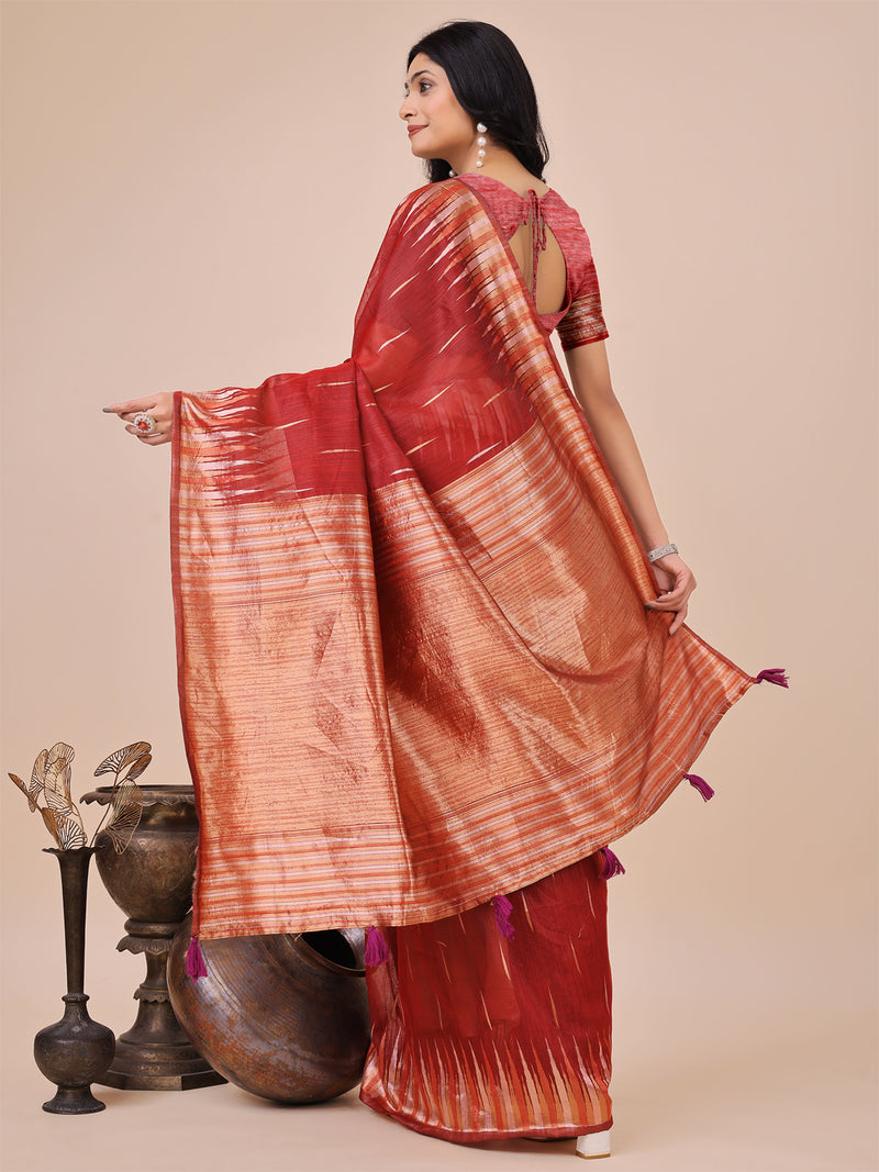 Linen Cotton Red Brocade Saree With Blouse Piece
