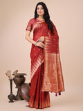 Linen Cotton Red Brocade Saree With Blouse Piece