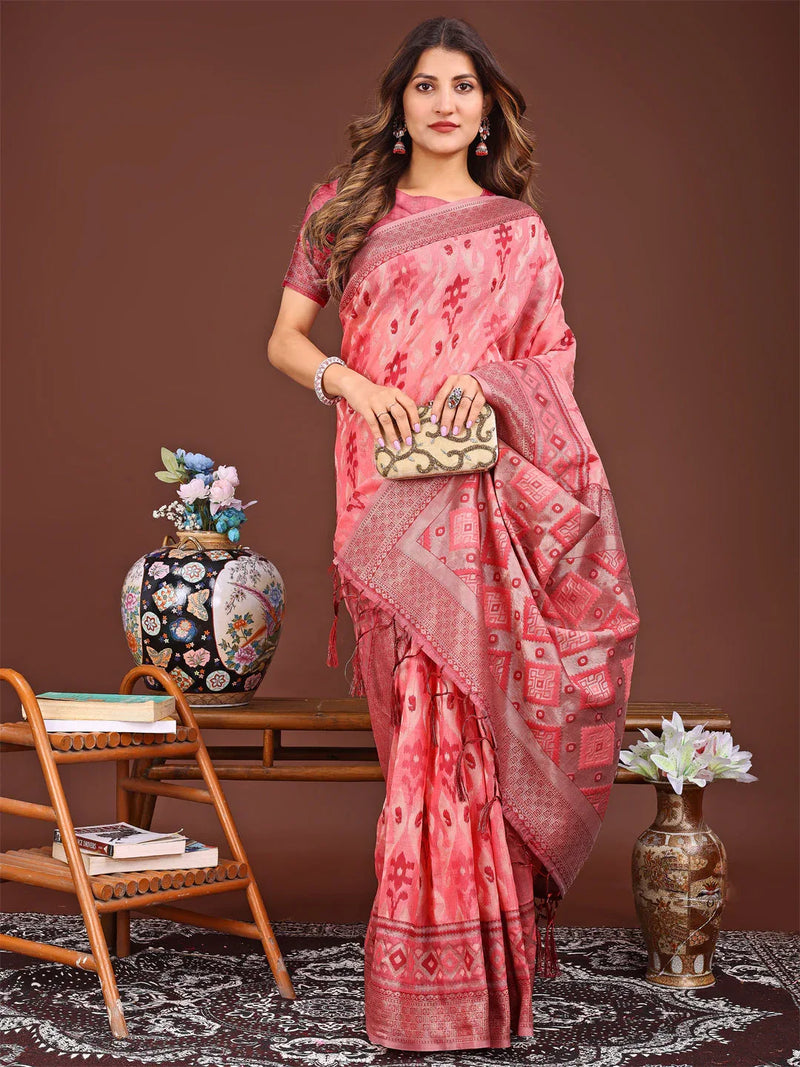 Peach Linen Cotton Saree With Blouse Piece - EZBER