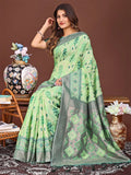 Light Green Linen Cotton Saree With Blouse Piece - EZBER