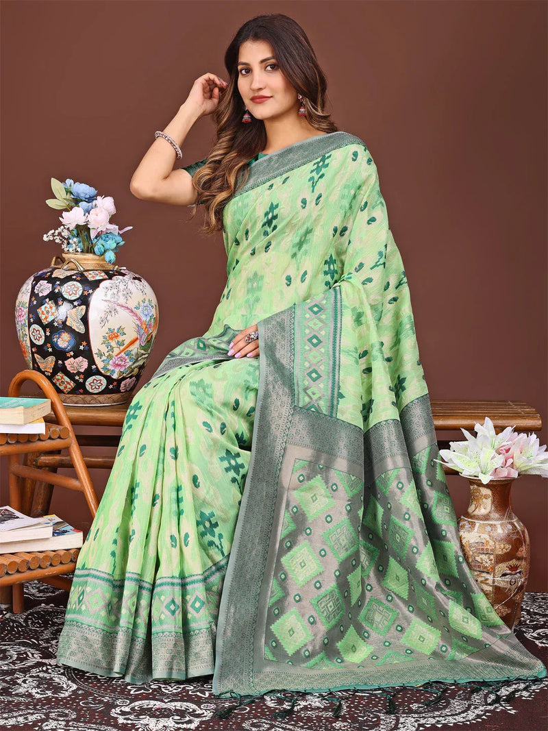 Light Green Linen Cotton Saree With Blouse Piece - EZBER