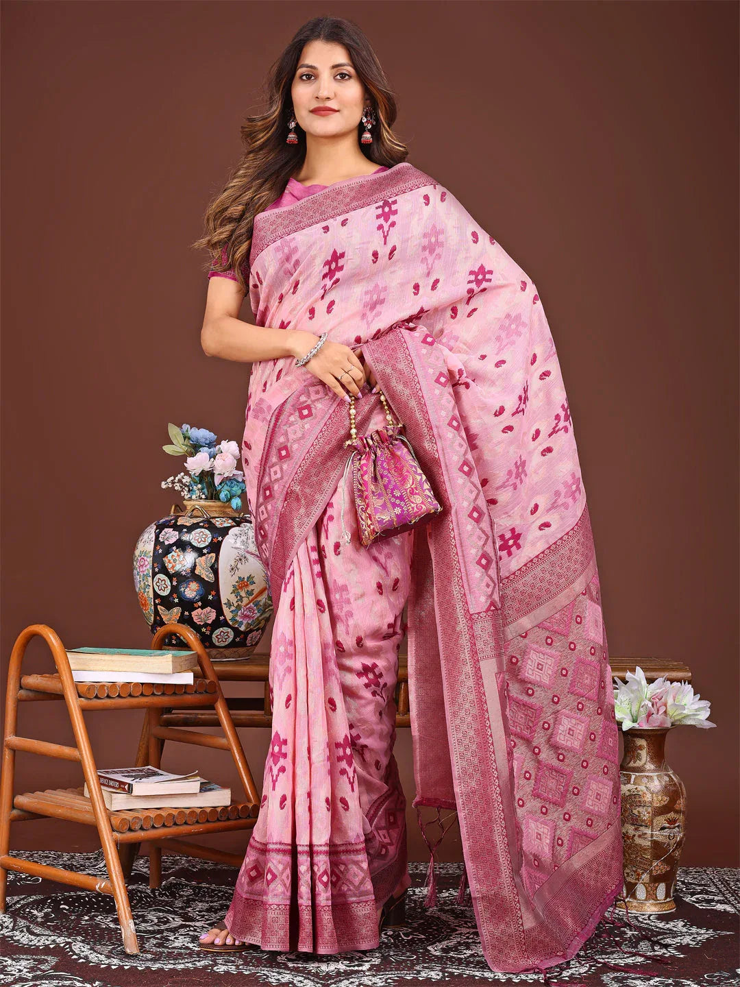 Pink Linen Cotton Saree With Blouse Piece - EZBER