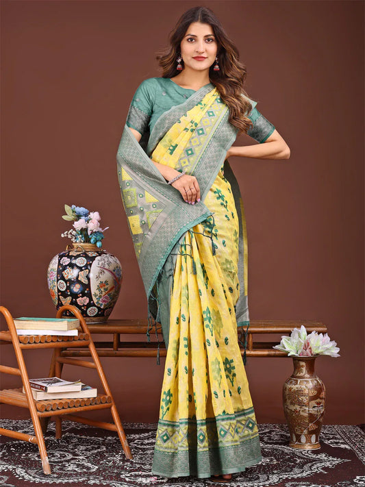 Yellow Linen Cotton Saree With Blouse Piece - EZBER
