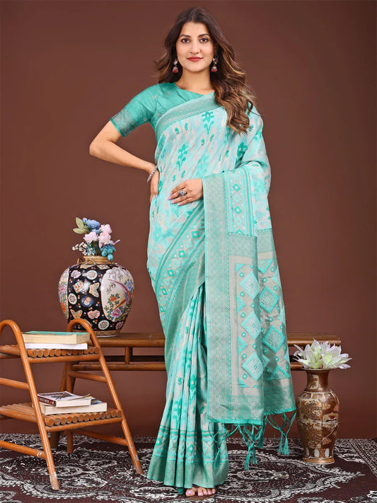 Sea Green Linen Cotton Saree With Blouse Piece - EZBER