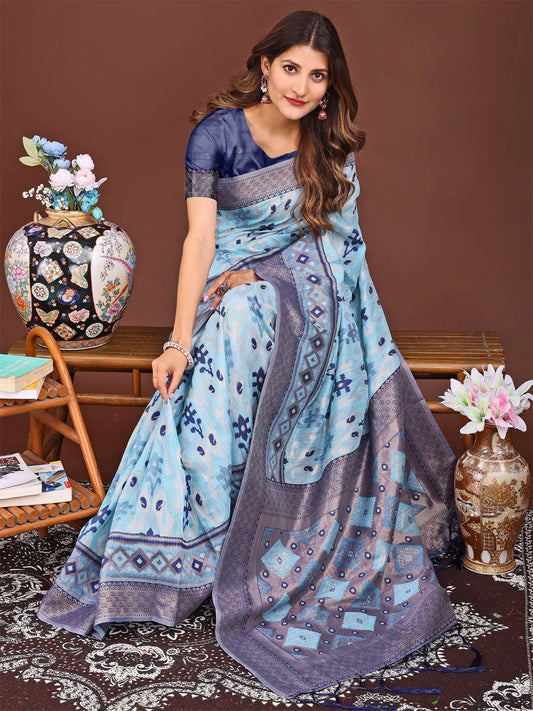 Sky Blue Linen Cotton Saree With Blouse Piece - EZBER